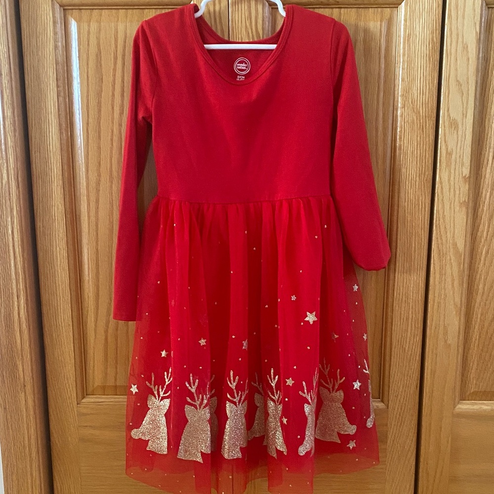 Red Holiday Dress with Gold Reindeer